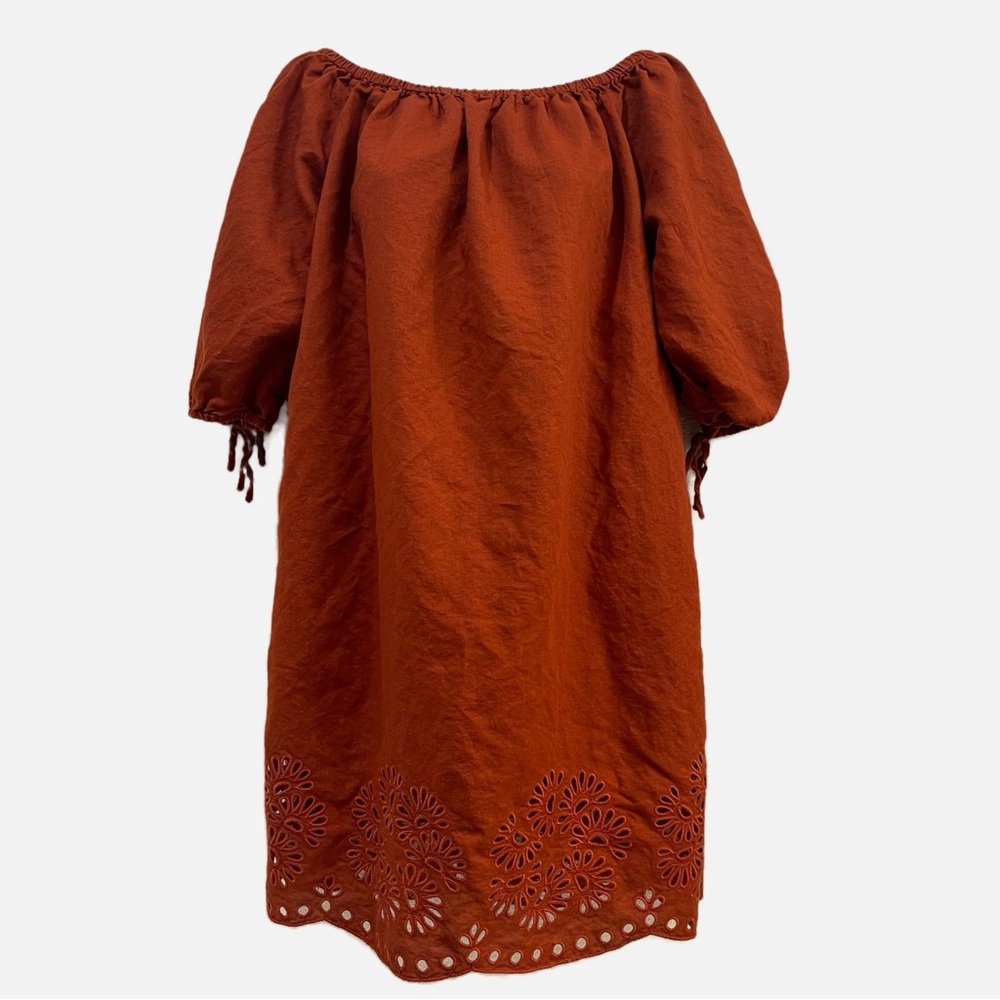 J Crew Rust Colored Linen Cotton blend off shoulder midi length shift dress Sz L